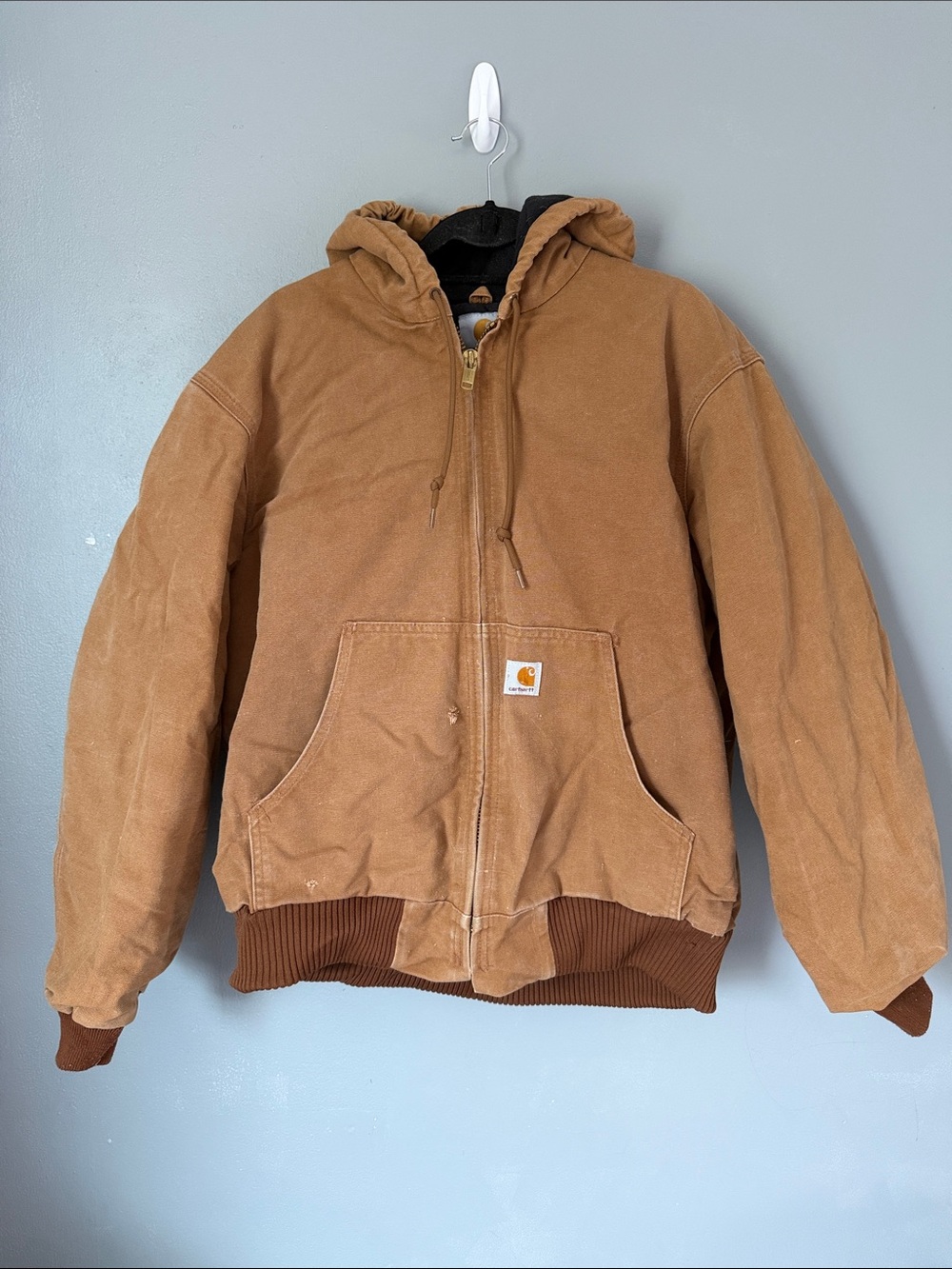 Vintage Carhartt Men’s Brown Hooded Canvas Work Puffer Jacket Large